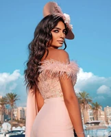 jumpsuit evening dresses with pants suit light pink party prom gown with cape one shoulder feathers sequins warp elegant