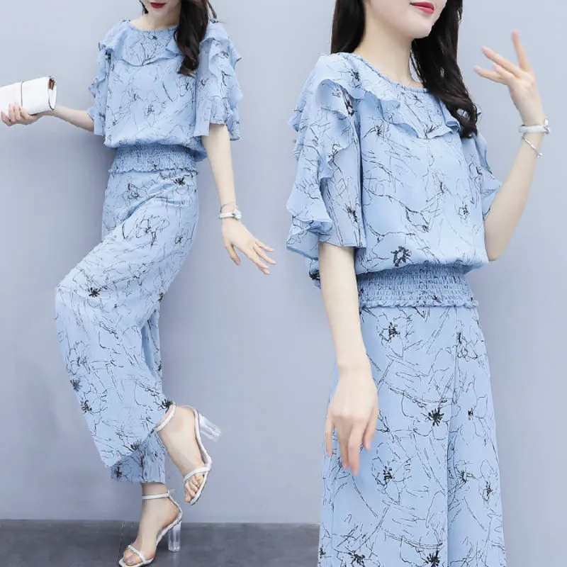 

Suit women 2020 new women's wear summer two piece trouser floral top wide leg pants casual fashion suit