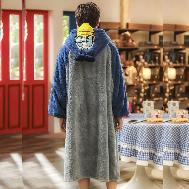 Pajamas for Men Bow Hooded Sleepwear Blue Coral Fleece Men Home Clothes Winter Lounge Cartoon Duck Pijama Men Thick Robe