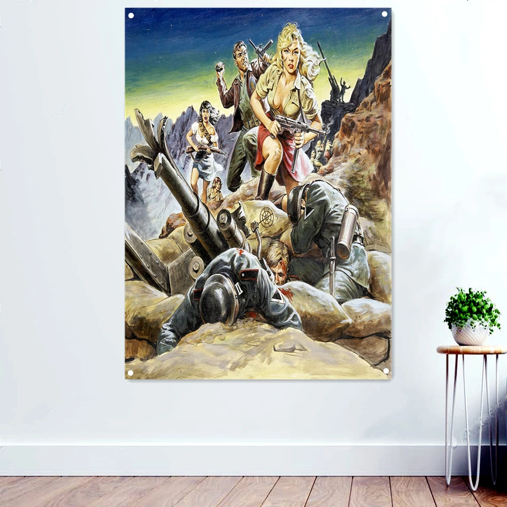 

Heroic Female Warrior Banner Hanging on The Wall, Vintage Pin Up Art Posters Canvas Painting Flag Mural Bar Cafe Home Decoration