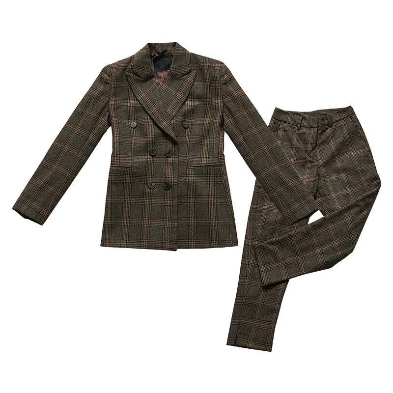 Женский двубортный клетчатый костюм комплект из 2 предметов Блейзер куртка и
