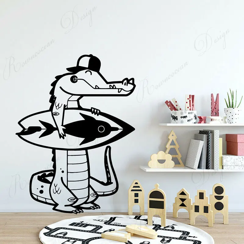 

Funny Crocodile Surfboarding Surf Wall Decals Cartoon Home Decor Kids Room Nursery Sticker Removable Self-adhesive Murals 4186