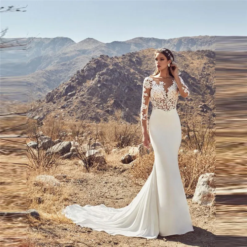 

Sheer Long Sleeves Mermaid Wedding Dresses Lace Appliques White Sexy Backless Slim Bridal Gowns Fishtail For Ladies Vestidos