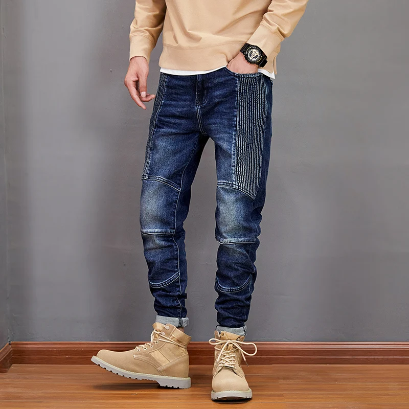 Newly Street Style Fashion Men Jeans Retro Blue Elastic Slim Fit Spliced Designer Biker Jeans Men Hip Hop Denim Punk Pants Homme