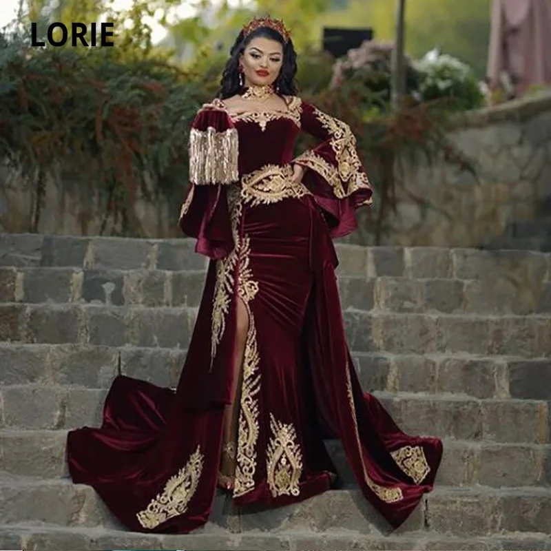 LORIE Moroccan Caftan Arabic Evening Dress with Detachable Train Appliques Gold Lace Long Sleeve Mermaid Velvet Prom Party Gowns (0)