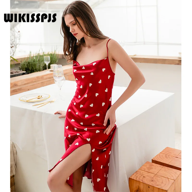 

WIKISSPJS Summer Ice Spinning Silk Sling Long Knee Skirt Pajamas Sexy Love Sleeveless Sleeping Night Dress Women Sleepwear