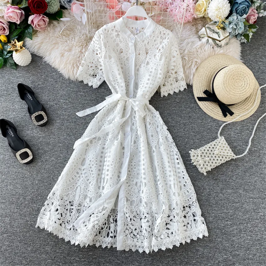 

20 New Fashion Spring Women Short Sleeve Hollow Out Dresses Summer Slim Elegant Lace Dress Midi-Long Party Dress Vestidos WZ1166