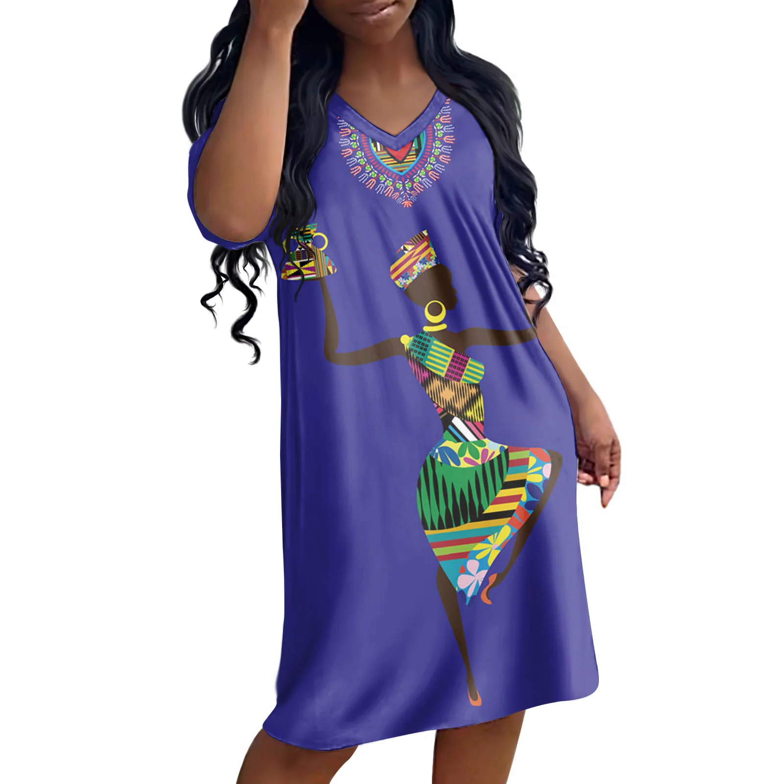 

Loose V-neck Short Sleeves Knee Length Dress Black Queen Vestidos Elegantes Para Mujer Party Dress Plus Size Women Clothing