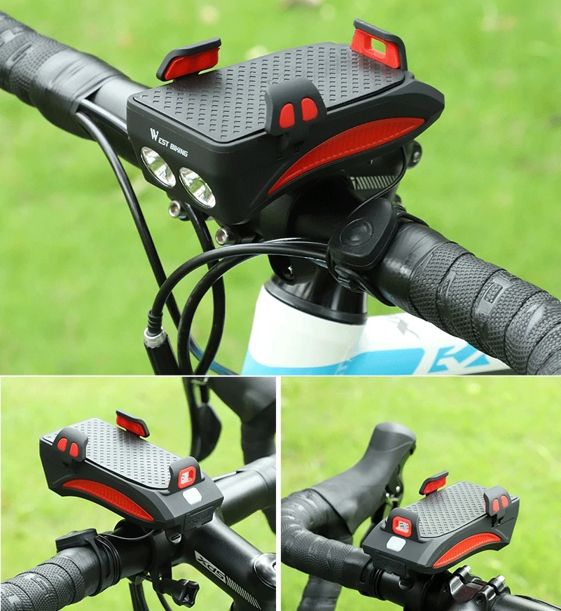 

WEST BIKING Multifunction Bicycle Front Light 4 IN 1 Bike Bell 400 Lumens Bike Flashlight Bike Horn Phone Holder Power Bank