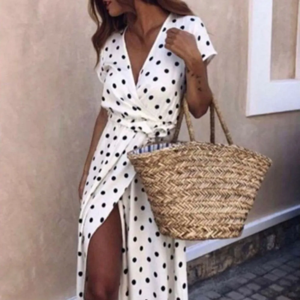

Female Dresses V-neck Sexy Dress For Women Lace-up Summer Dress Fashion Party Vestidos Casual Split Dot Maxi Dress