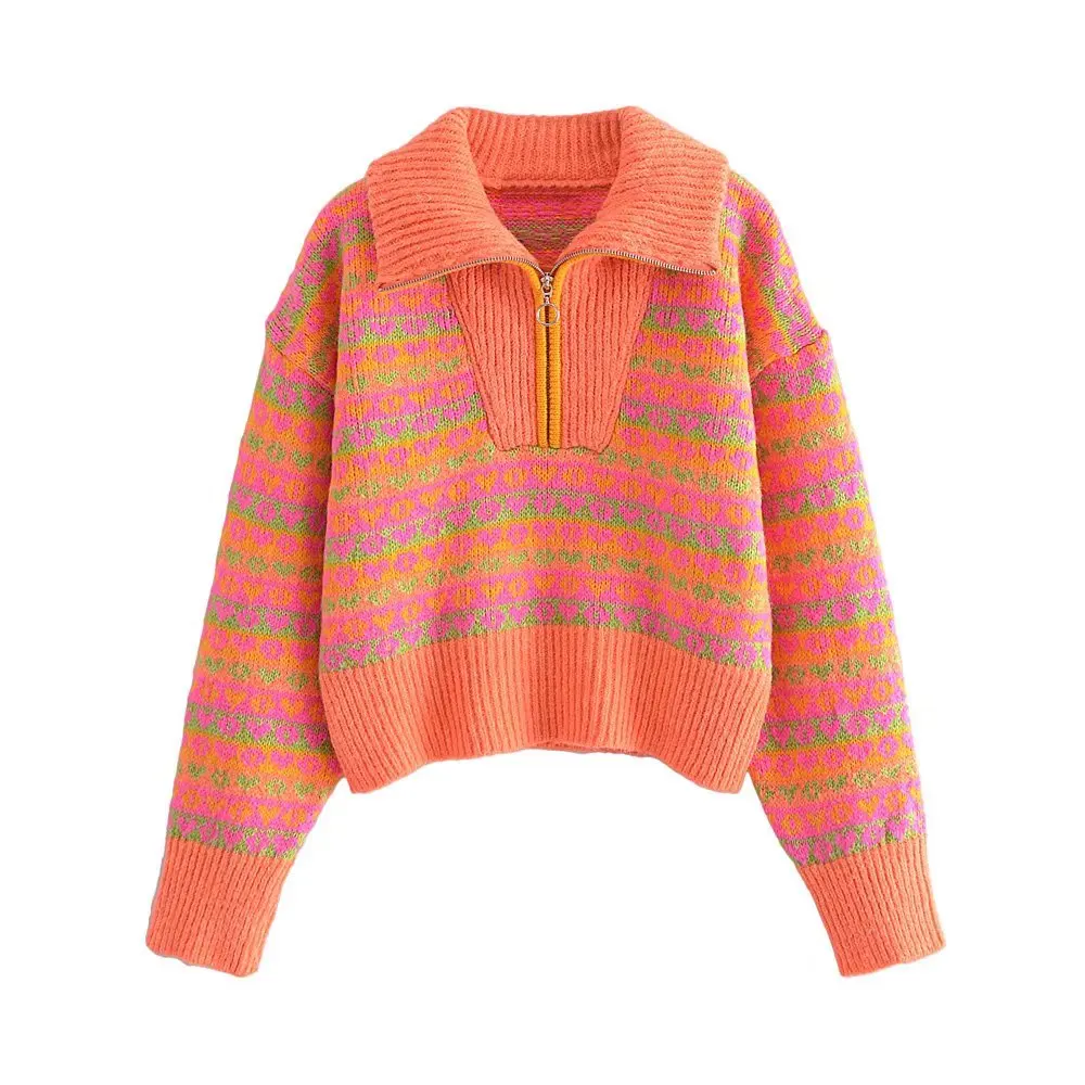 

Pinkou Women Elegant Print Knitted Sweater Zipper Adjustable Collar Long Sleeve Pullover Orange Chic Warm Tops Mujer HA201