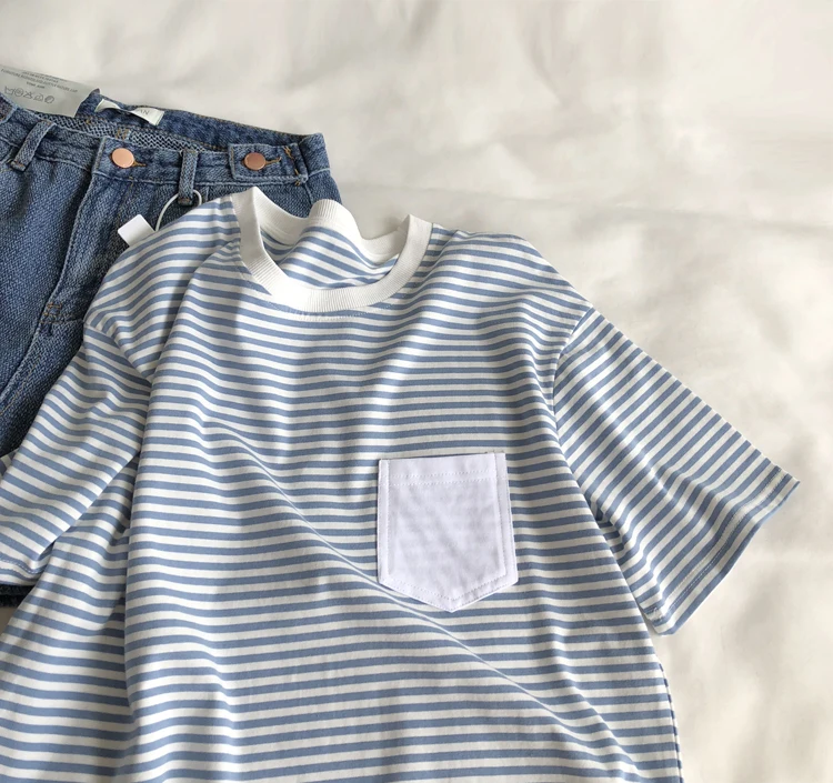 

2021 Women Summer Striped T Shirt Short Sleeve Women T-Shirts Vintage High Quality Tops For Women Tees Blusa