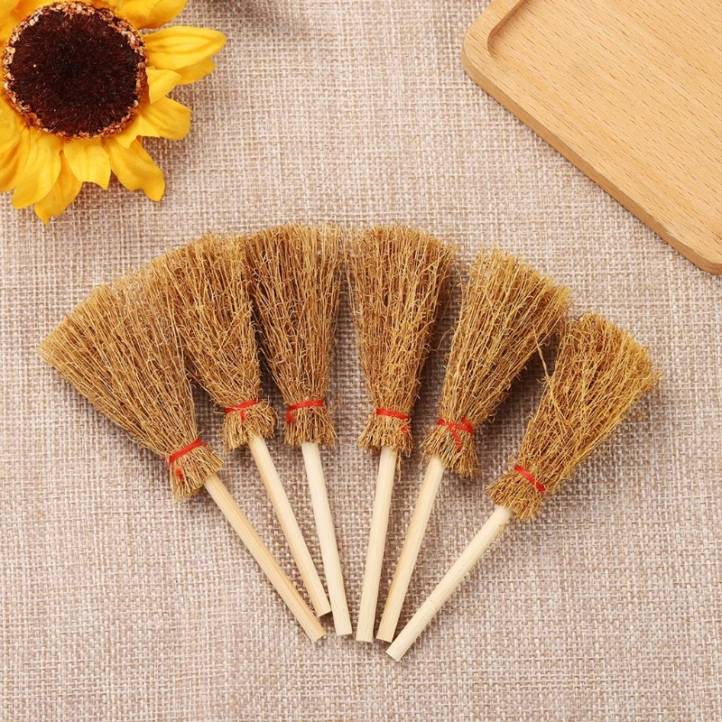 

12pcs Mini Broom Red Rope Straw Brooms Hanging Decorations for Halloween Party Costume Witch Broom Dollhouse Accessories