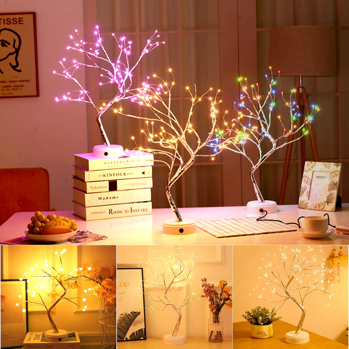 

Светодиодные сказочные ночники с медной проволокой, лампа с искусственным жемчугом, бонсай, светящаяся Рождественская елка для домашнего д...