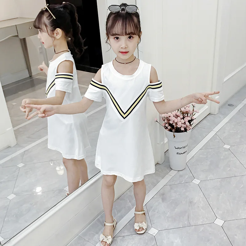 Girls College Wind Dress 2021 Summer New V-neck Off-the-shoulder Blouse White Black Small Fragrant 4 6 8 10 12 Year | Детская одежда и