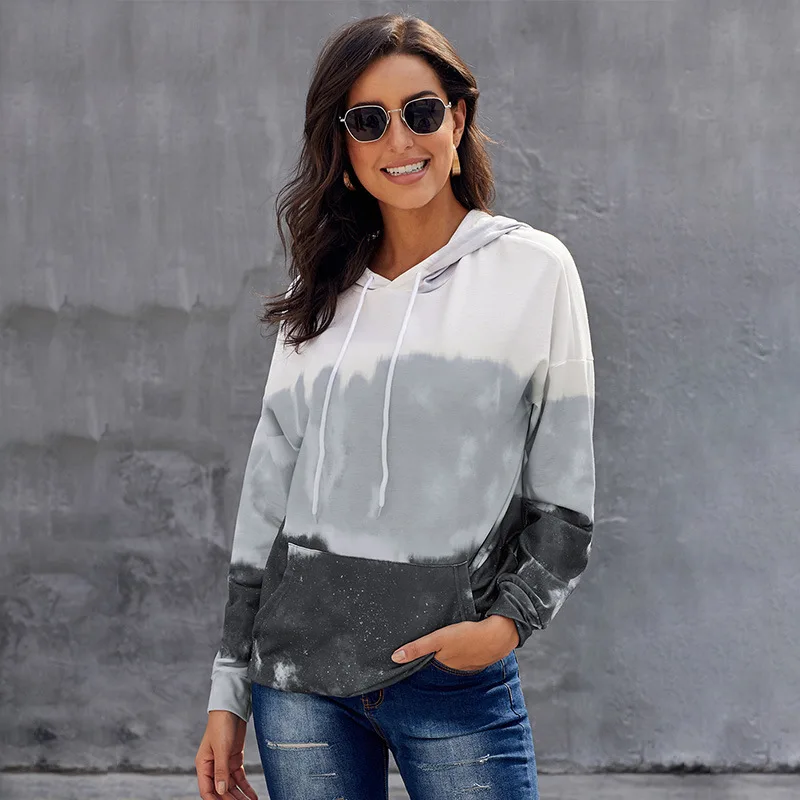 

Autumn Winter 2021 New Tie Dyed Sweatshirts Women'S Gradually Changing Color Printing Pocket Hooded Casual Top Women Hoods