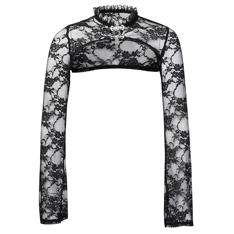 

Goth Dark Gothic Style Black Lace Crop T-shirts Grunge Flare Sleeve Floral Embroidery Ruffle Tops For Women Sexy Transparent Tee