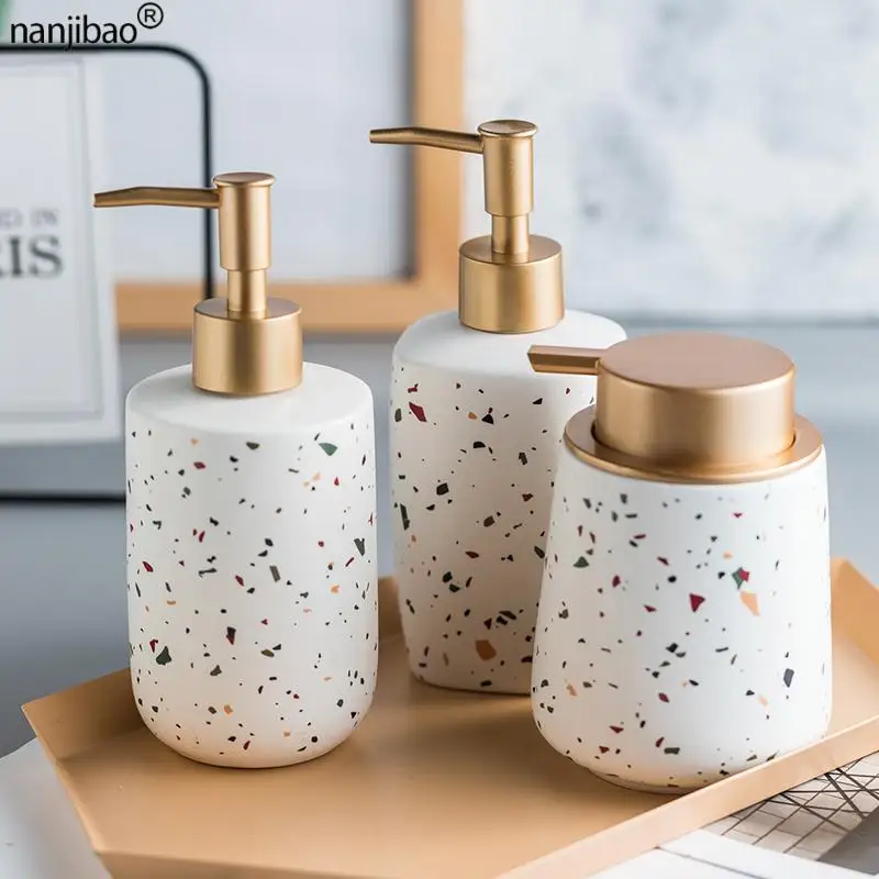 

Nanjibao Bathroom Set Ceramic Hand Sanitizer Bottled Terrazzo Pattern Shower Gel Shampoo Bathroom Toilet Lotion Bottle Set