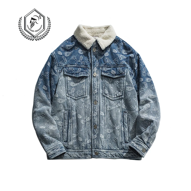 Golomise Men Fashion Loose Embroidery Fleece Heavyweight Denim Jacket Casual Pockets Hip Hop Parkas Coat | Мужская одежда