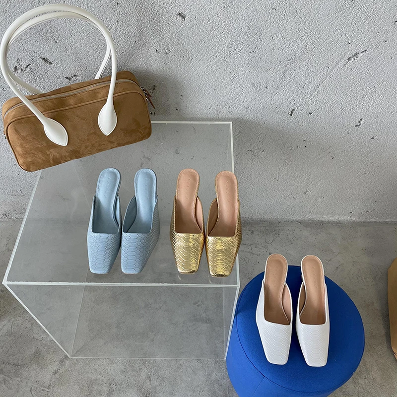 Туфли-лодочки женские на высоком каблуке квадратный носок без застежки шлепанцы