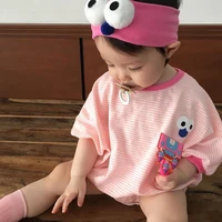 2021 new cotton baby clothes baby boy summer thin big eyes bodysuit toddler girl striped jumpsuit with headband
