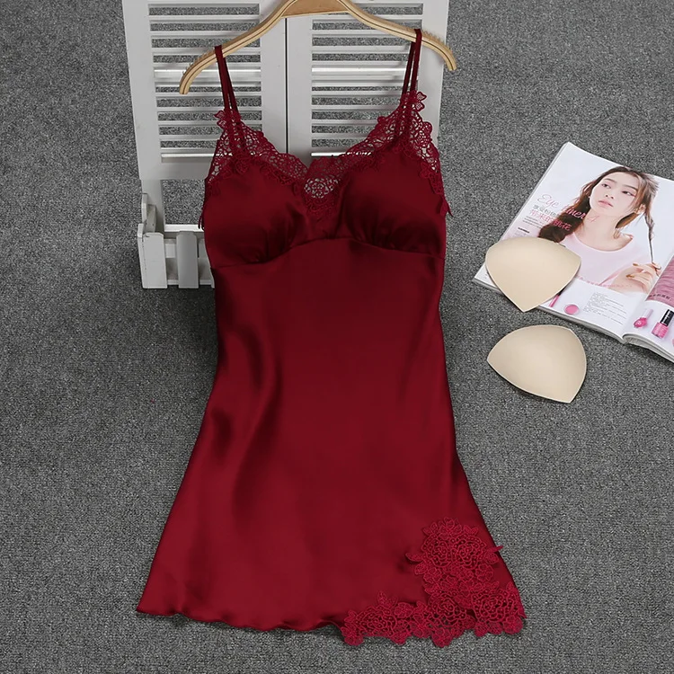 

Spring And Summer New Sexy Suspender Nightdress With Chest Pad Bottoming Skirt Lace Embroidery Self-cultivation Home Wear