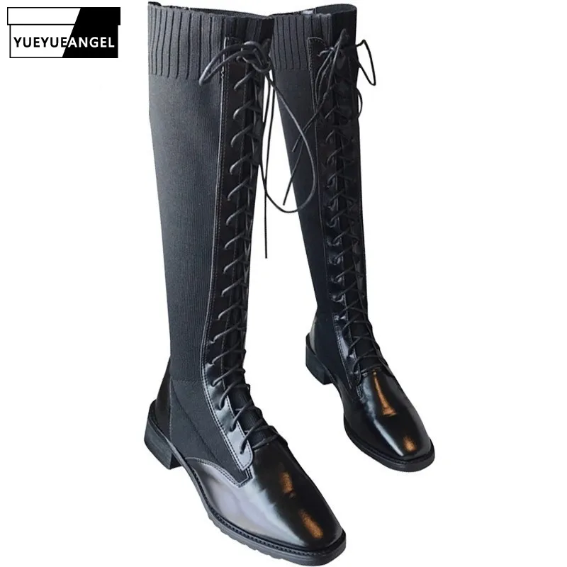 Harga Mode Musim Dingin Wanita Renda Sepatu Bot Setinggi Lutut Seksi Strechy Patchwork Sepatu Square Toe Blok Tumit Rendah Pengendara Sepeda Motor Naik Knight Sepatu Bot