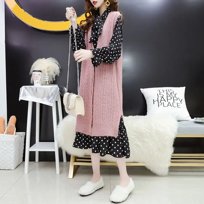 Новинка 2019 два предмета свободный свитер жилет шифоновый сплошной цвет без