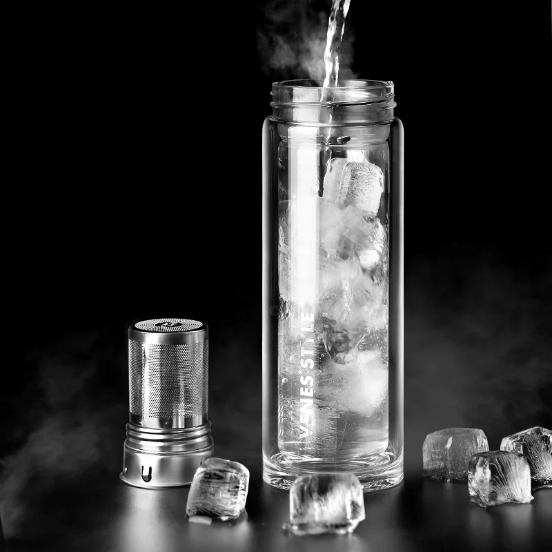 Двойная стеклянная бутылка для воды с чайной перегородкой из нержавеющей стали