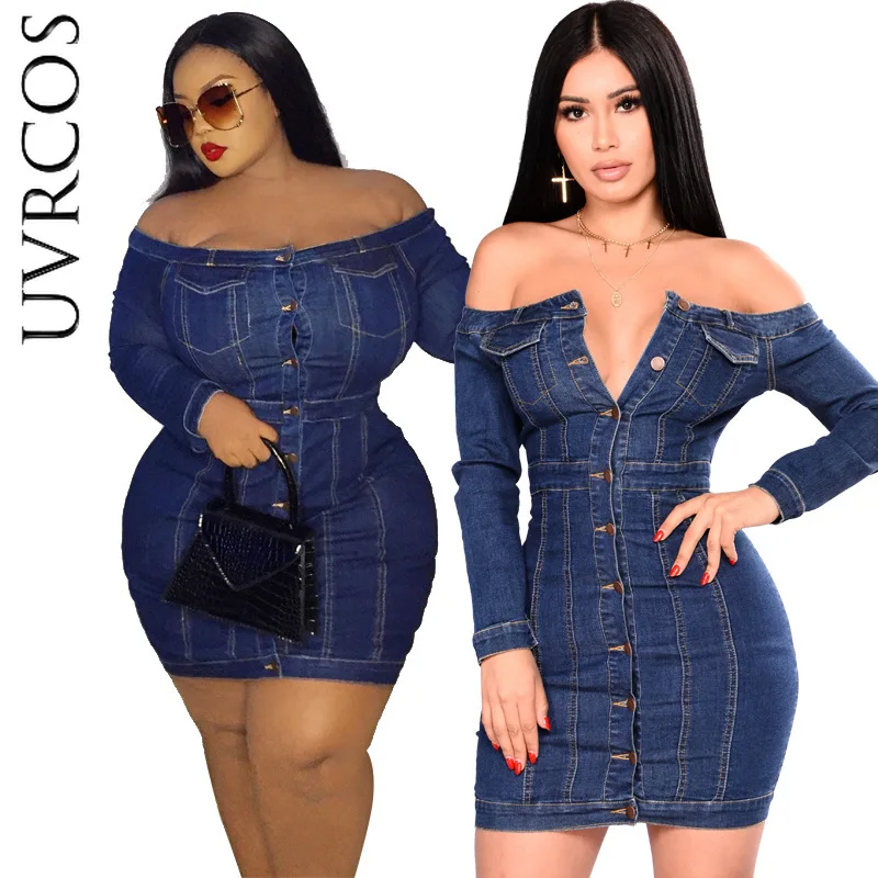 

Straight Shoulder Slash Collar V-collar Tight Buttocks Wash Water Sexy Denim Daily Dress Women 2021 Autumn New Big Size M-5XL