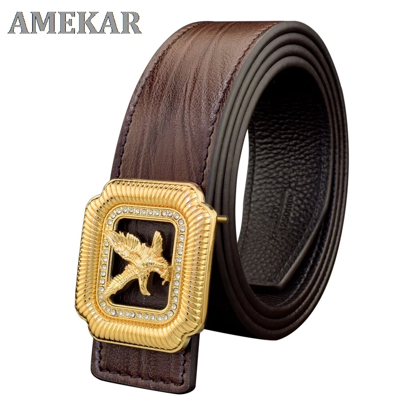 

High Quality eagle Golden buckle belt men Cowskin luxury brand Coffee Grain Retro genuine leather Waist Strap 3.8 wide Q9