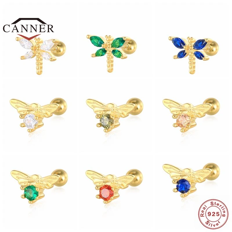 

CANNER 925 Sterling Silver Colorful Zircon Dragonfly Bee Screw Back Stud Earrings for Women Piercing Earring Jewelry Pendientes