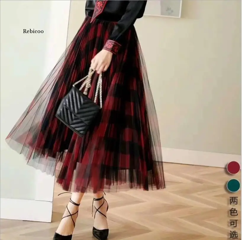 Зеленый Красный Длинные клетчатая юбка-пачка для женщин модные летние