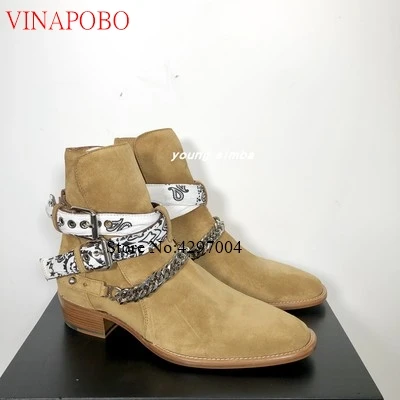 Vinapobo/модные ботинки «Челси» с граффити; Мужские Зимние ботильоны из натуральной кожи высокого качества; мужские ковбойские ботинки с металлической цепочкой и пряжкой