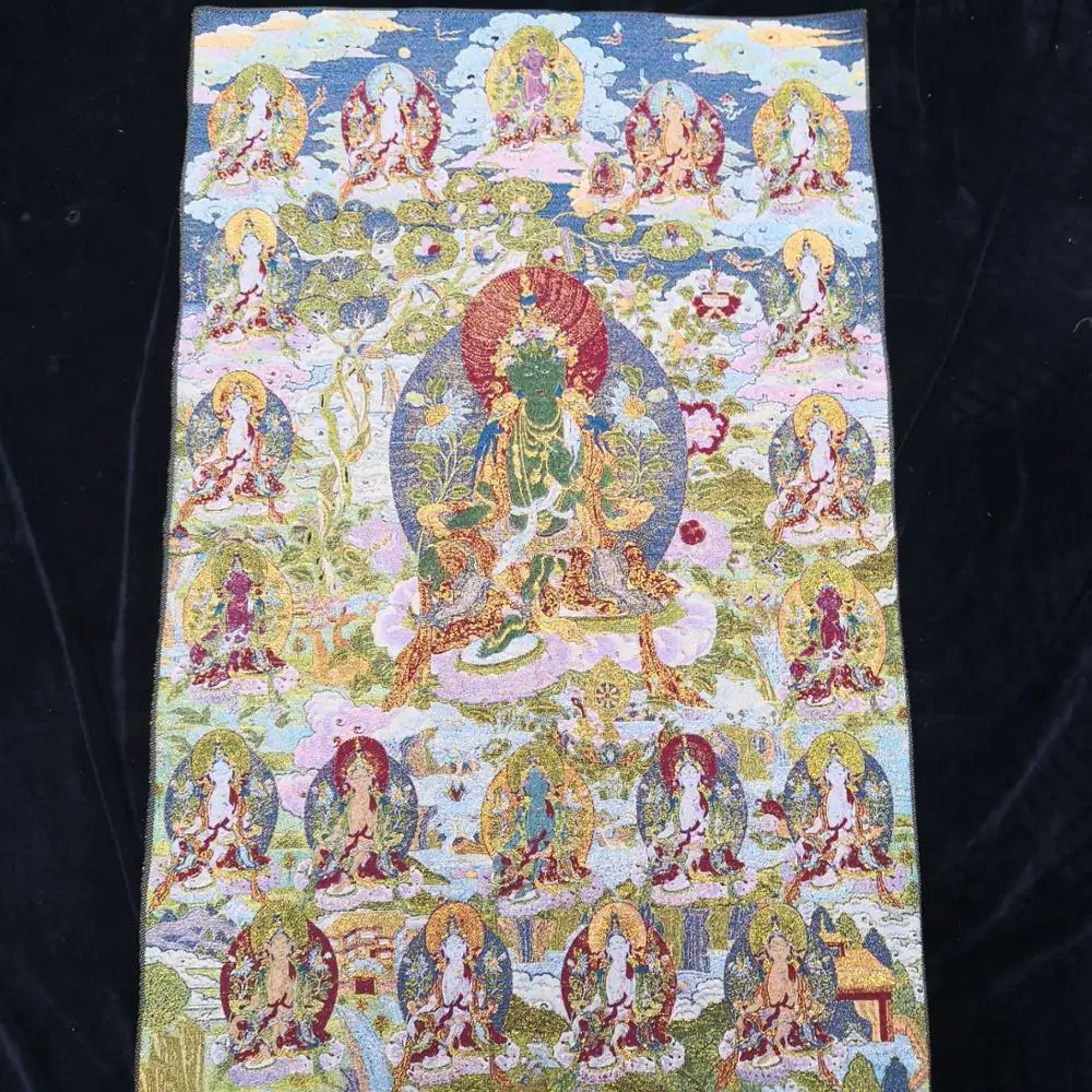 

35"Thangka Embroidery Tibetan Buddhism silk embroidery brocade Nepal Green Tara Bodhisattva Multiple avatar statues Thangkas