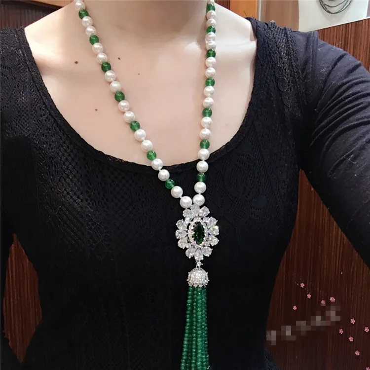 

new natural 8-9mm white freshwater pearl inlaid green stone long tassel necklace sweater chain jewelry 25inch