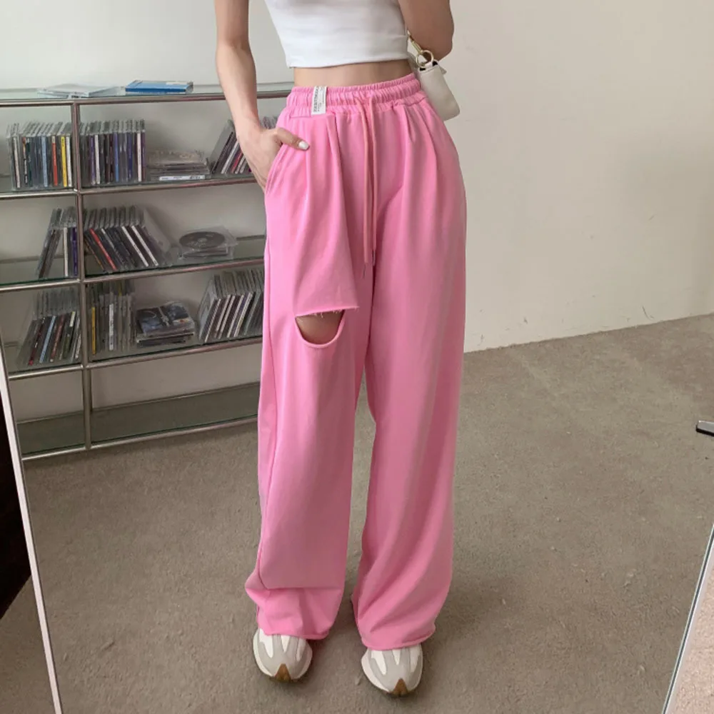 2022 повседневные спортивные брюки женские летние широкие с дырками свободные