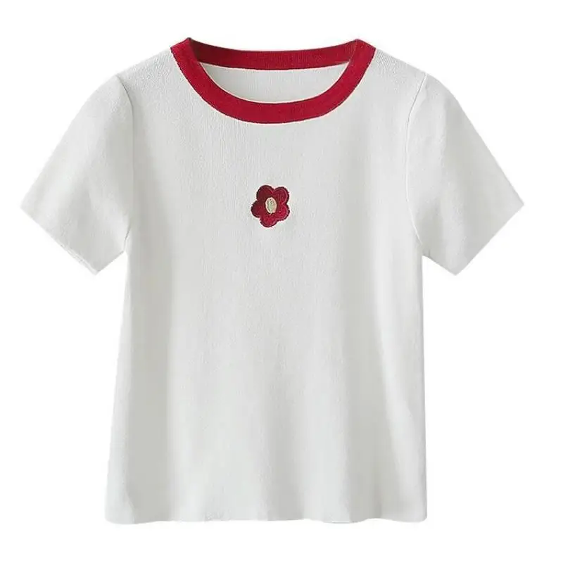 

Embroidered Ice Silk T-shirt Knitted Shirt Slim Top Korean Student Girl's Undergarment Top 2020 Summer New Women's Short Sleeve