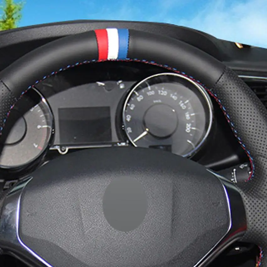 

2021 New Pattern Black Genuine Leather DIY Hand-Stitched Car Steering Wheel Cover for Peugeot 3008 2013-2015