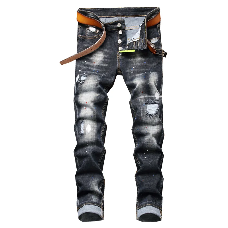 

New Fashion Brand Men Fashion Jeans European&American Style Slim Stretch Black Hole Patch Jeans