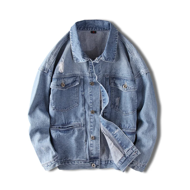 

2021 New Men's Retro Beggar Hole Embroidered Blue Denim Jacket Fashion Casual Loose Hip-hop Denim Jacket Coat Large Size XXL