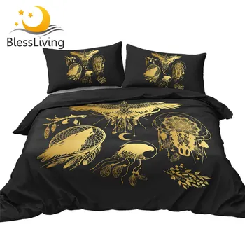 BlessLiving Eagle Duvet Cover Set Dreamcatcher Comforter Cover Golden Black Bedclothes Bohemian Home Textile Feather Bedding Set 1