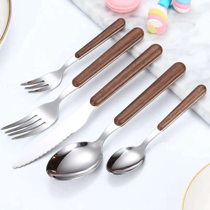 

Jaswehome Dining Table Silverware Sets 5pcs Cutlery Set with Wood Grain Handle Stainless Steel Mirror Polished Dinnerware