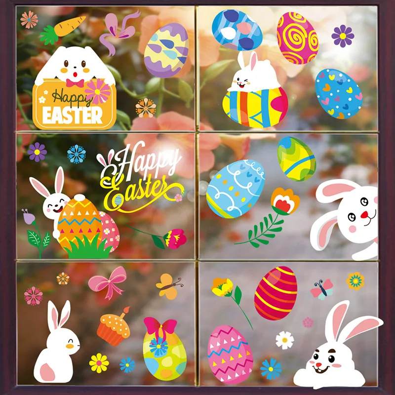 

10 Sheets Easter Rabbit Painted Colorful Eggs Window Sticker Decorative Cartoon Window Cling Wall Sticker for Easter Decorations
