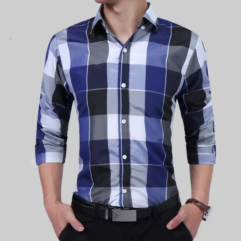 Мужская рубашка в клетку приталенная деловая Повседневная с длинными рукавами