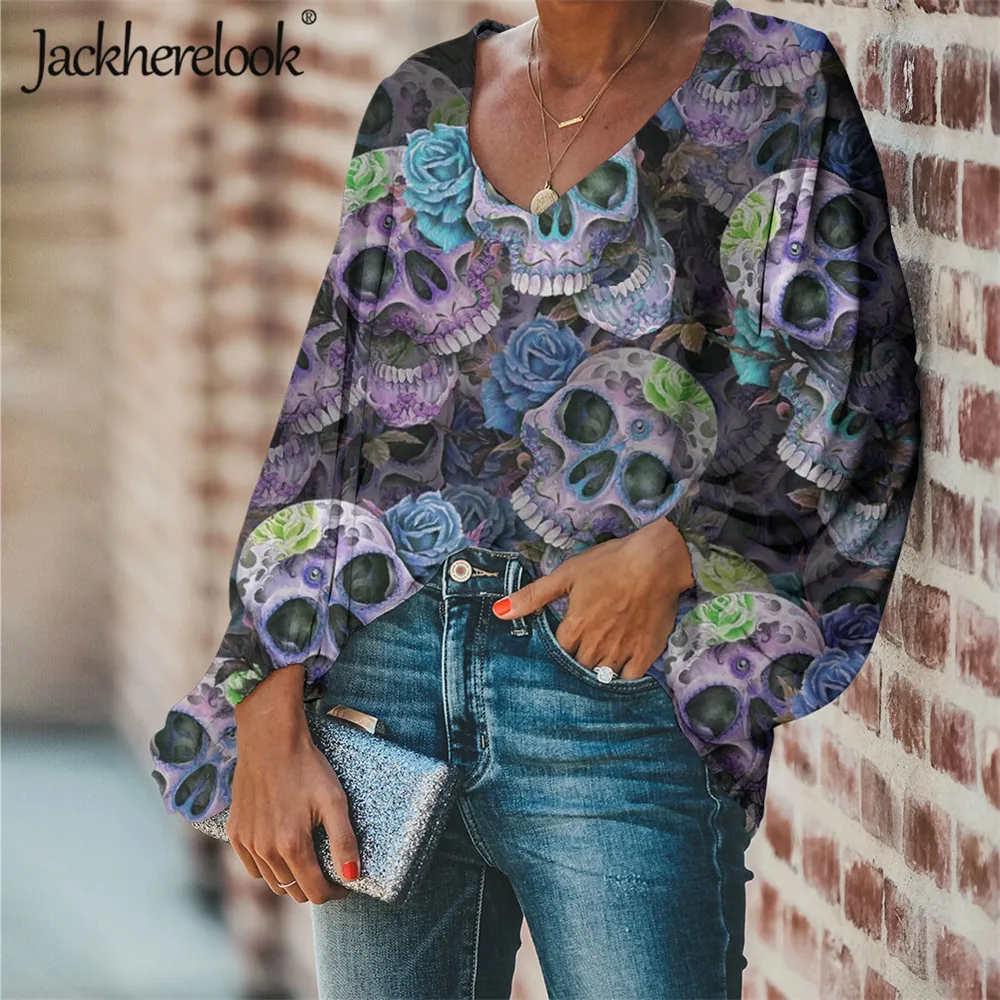

Jackherelook Punk Skull Floral Brand Design Loose Chiffon Blouses for Teen Girls Casual Women Long Sleeve Top Shirt Blusas Mujer
