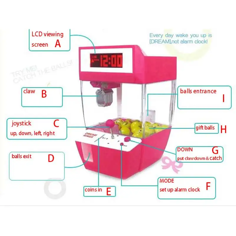 

Catcher Alarm Clock Coin Operated Toy Machine Crane Machine Candy Doll Grabber Claw Arcade Games Automatic Mini Vending Kit Kids