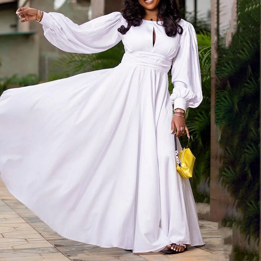 

2021 Autumn Winter New Fashion Temperament Dress Womens Solid Color Casual Round Neck Lantern Sleeve Backless High Waist