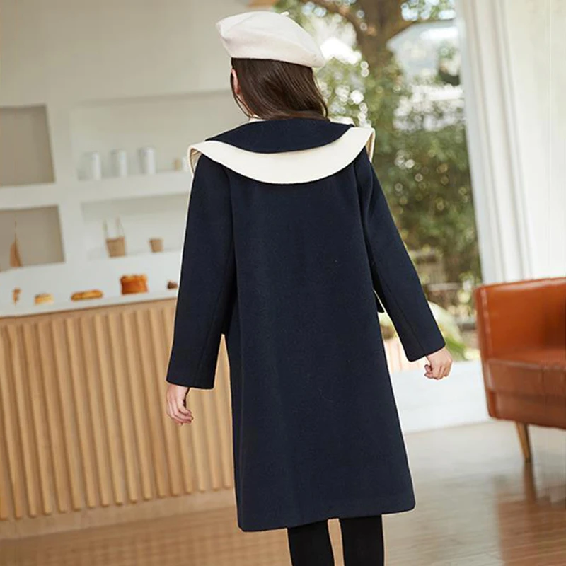 

Woolen Cloth Jacket For Girls Winter 2021 Keep Warm Korean Version British Style Lapel Fashion Long Windproof Children Outwear