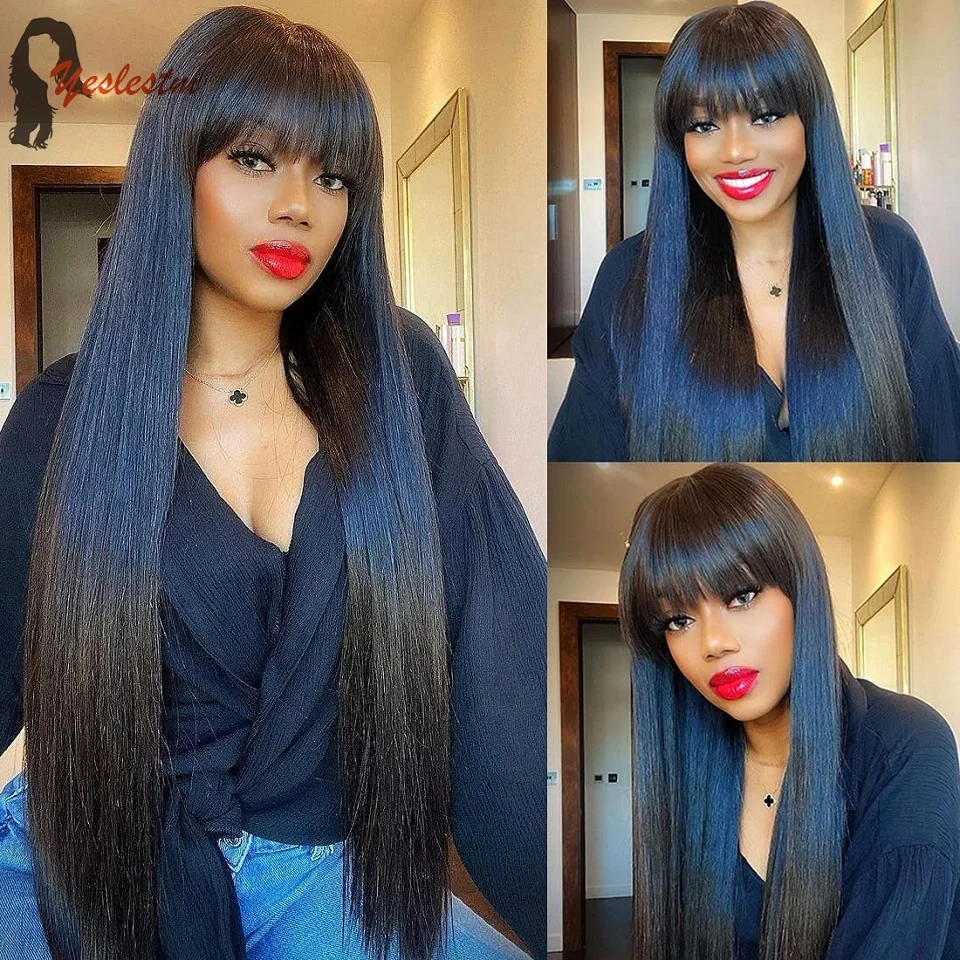 

Yeslestm Machine Made Sew In Wig Human Hair Straight Wig Malaysian Straight Wig with Bang Natural Color For Women Glueless Wigs